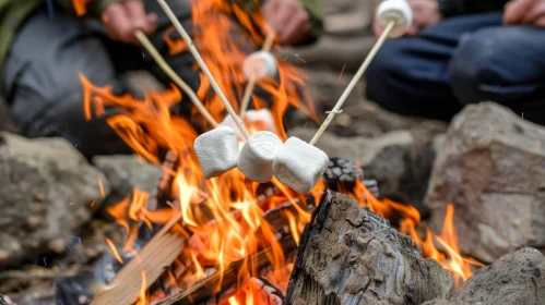 Roasting Marshmallows on Campfire - Close-up Shot
