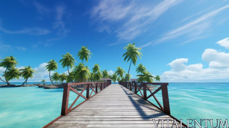 Serene Beach Scene with Palm Trees in Stunning 3D Graphics AI Image