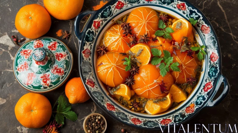 Still Life Image of Ceramic Bowl with Oranges and Spices AI Image