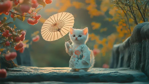 Cute Kitten Wearing Kimono with Umbrella in Autumn Setting