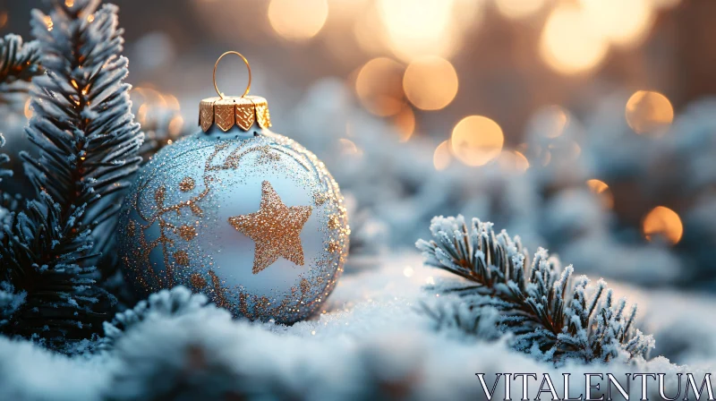 Festive Christmas Decoration amidst Snow and Bokeh Lights AI Image