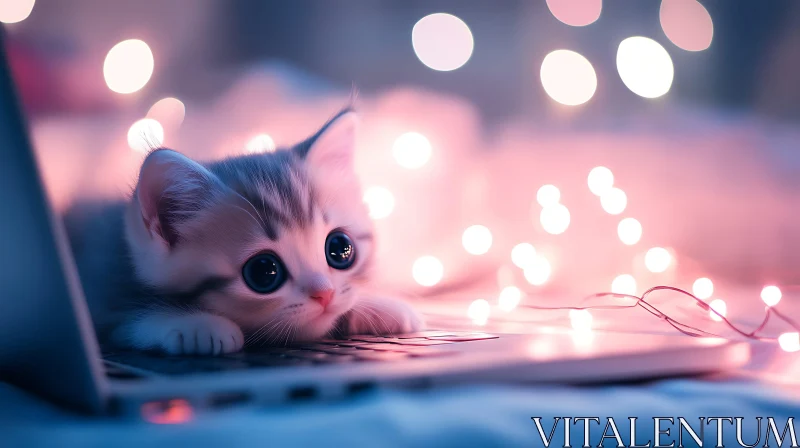 AI ART Charming Kitten on Keyboard with Warm Lights