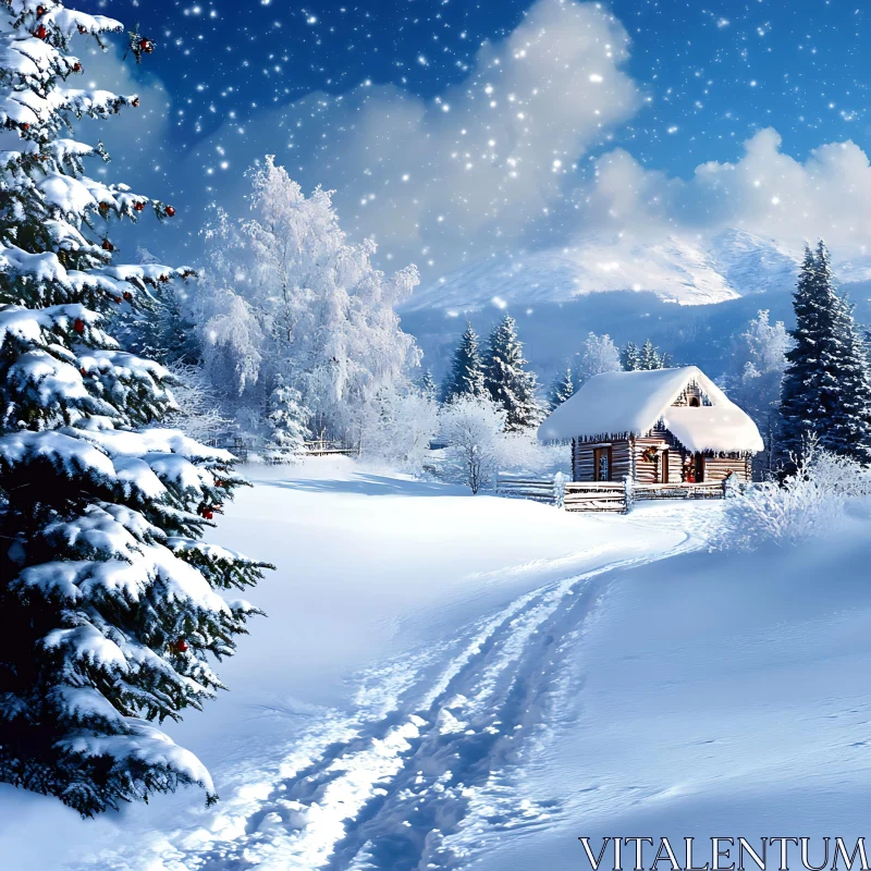 Peaceful Winter Scene with Log Cabin AI Image