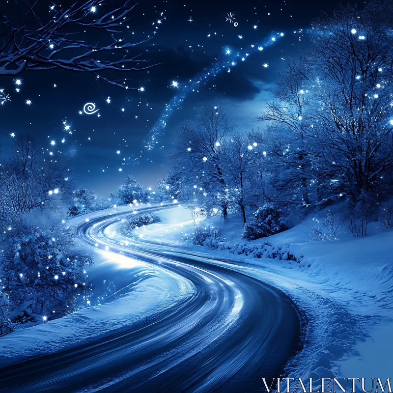 Winter Wonderland: Snowy Forest Road under Starry Sky AI Image