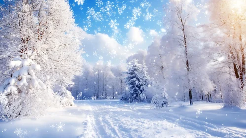 Pristine Winter Forest with Falling Snowflakes