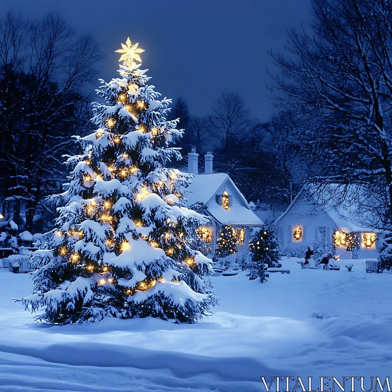 Snow-Covered Christmas Tree Illuminated with Golden Lights AI Image