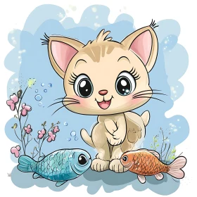 Adorable Cartoon Kitten with Fish