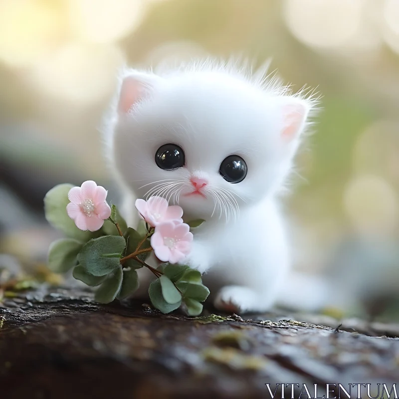 Cute Kitten and Flower Interaction AI Image