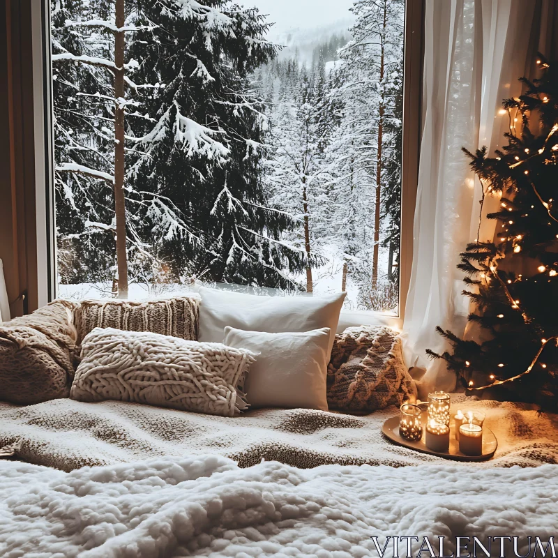 Snowy Forest Window View with Cozy Decor AI Image