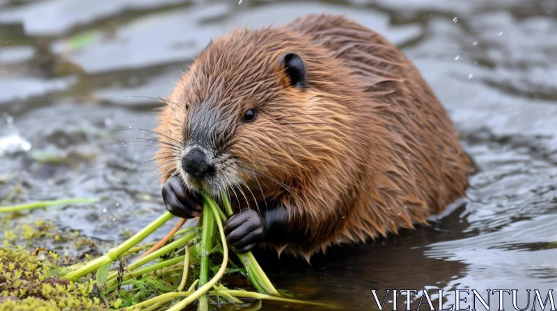 Brown Beaver Eating in Water: A Serene Natural Scene AI Image