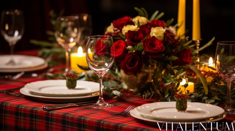 Captivating Table Setting with Red Roses and Candles | Xmaspunk Delight AI Image