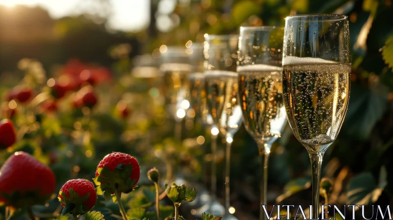 Champagne Glasses in Strawberry Field | Sparkling Bubbles and Ripe Strawberries AI Image