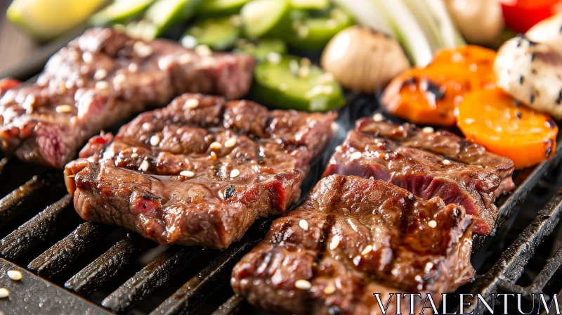 Close-up of Yakiniku Grill with Sizzling Beef and Vegetables AI Image
