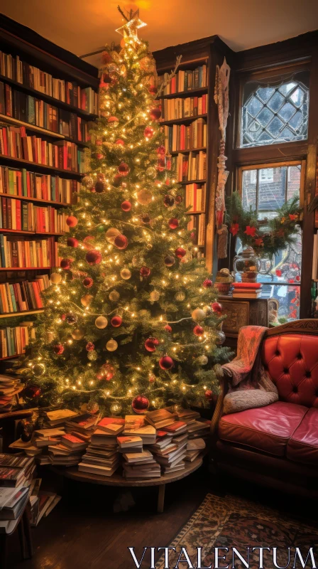 Cozy Christmas Tree in a Room Filled with Books AI Image