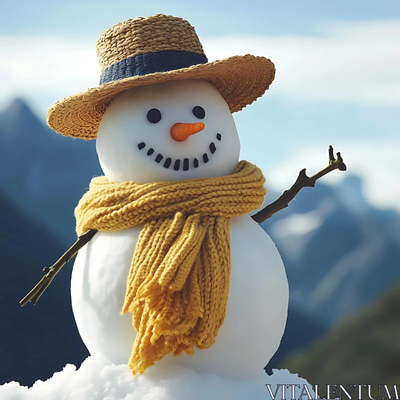 Snowman in Mountains with Scarf and Hat AI Image