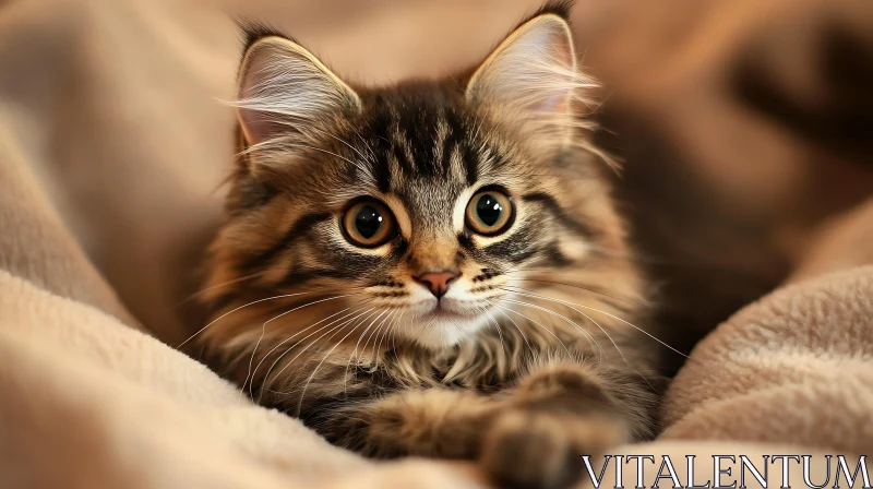 Cute Kitten Resting on Beige Blanket AI Image