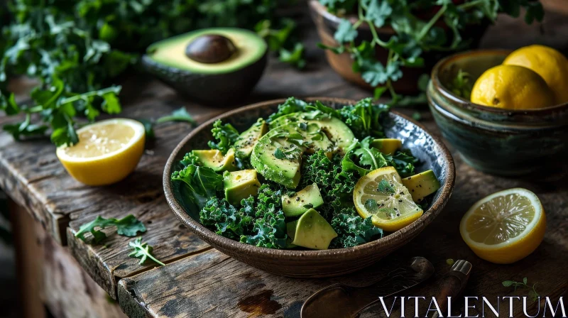 Delicious Green Salad with Avocado and Lemon on Wooden Table AI Image
