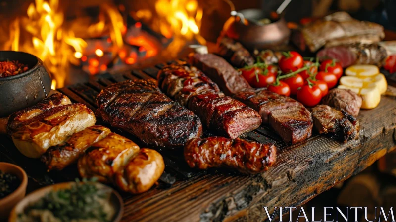 Delicious Grilled Meats and Vegetables on a Wooden Table AI Image