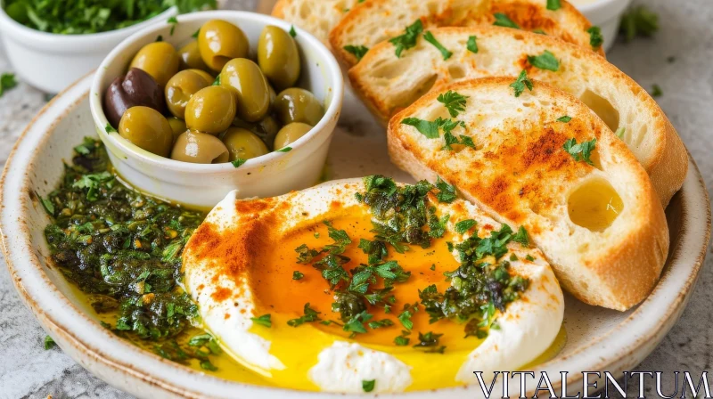 AI ART Delicious Plate of Food: Green Olives, Labneh, and Toasted Bread