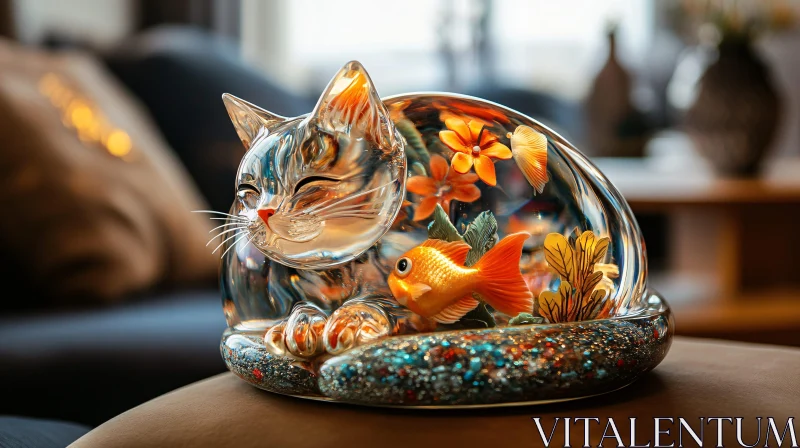 AI ART Artistic Cat Glass Sculpture with Goldfish