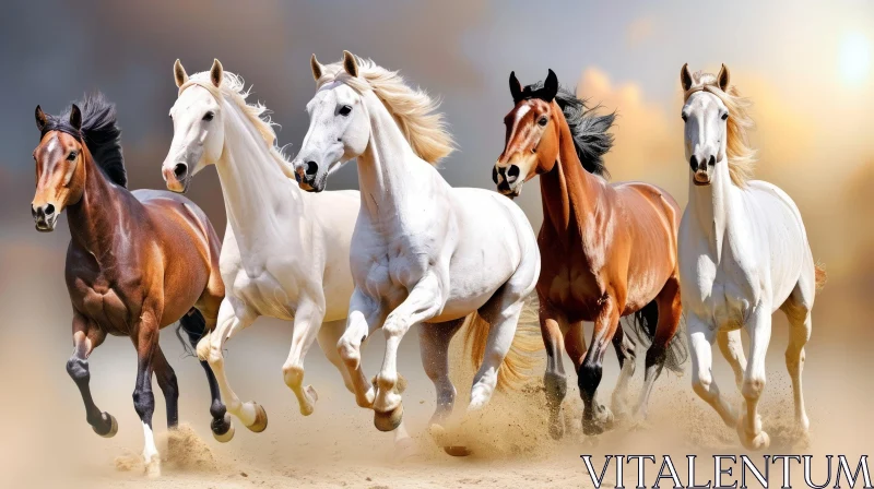 Five Horses Running in a Line | Vibrant Sunset | Powerful and Majestic AI Image