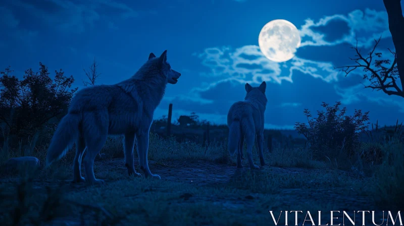 Night Scene with Wolves and Full Moon AI Image