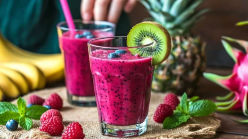 Refreshing Dragon Fruit Smoothie on a Wooden Table