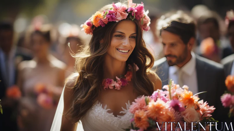 Smiling Bride in Flower Crown - A Touch of Traditional Craftsmanship AI Image