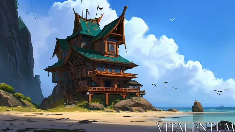 Tranquil Beach House Painting | Serene Coastal Artwork AI Image