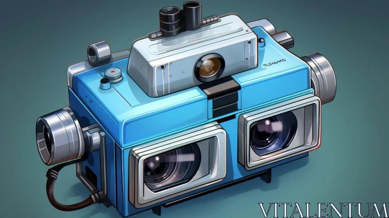 AI ART Vintage Blue Camera with Dual Lenses and Flash