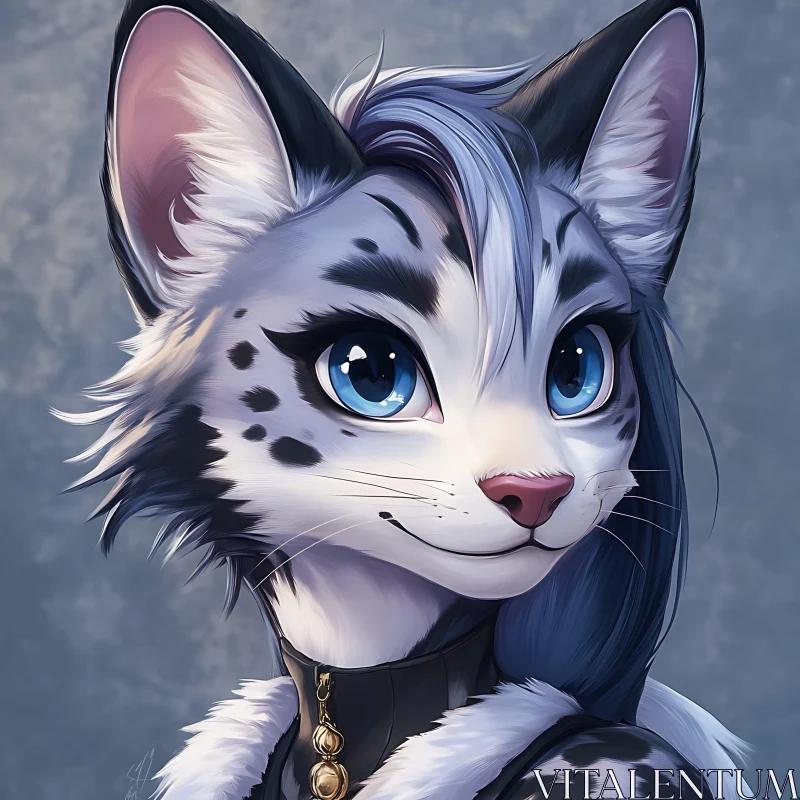 Feline Character Art with Blue Eyes and Black Spots AI Image