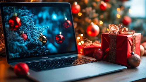 Holiday Scene with Laptop and Christmas Decor