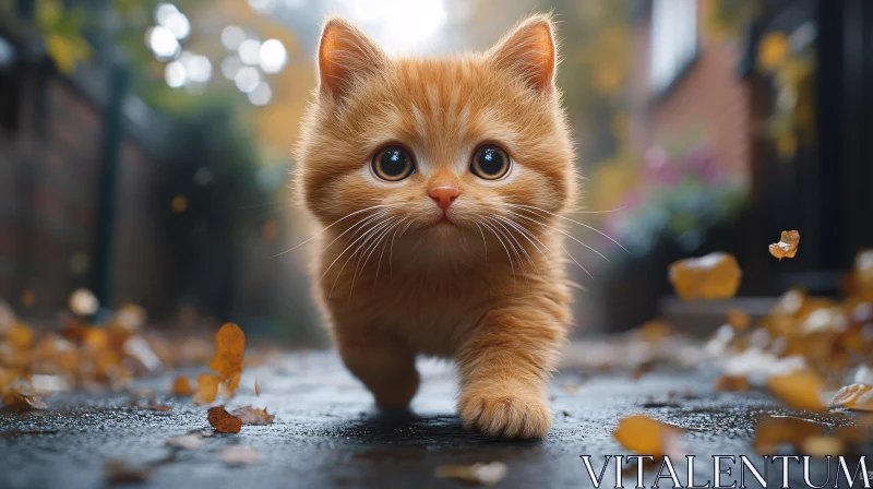 Cute Kitten on a Leaf-Strewn Path AI Image