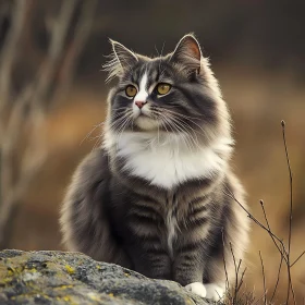 Grey and White Long-Haired Cat with Golden Eyes