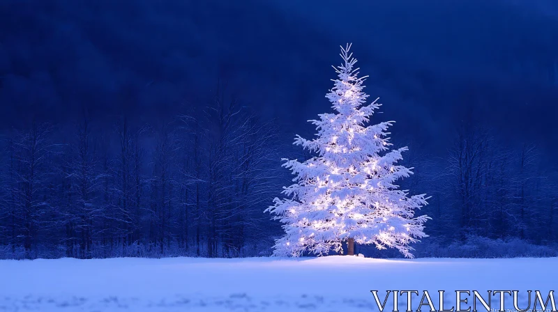 Illuminated Christmas Tree in Snow AI Image