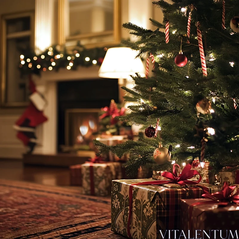 Christmas Decor in Warm Living Room AI Image