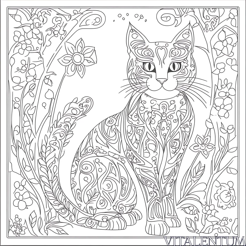 AI ART Decorative Cat Illustration Amidst Flowers