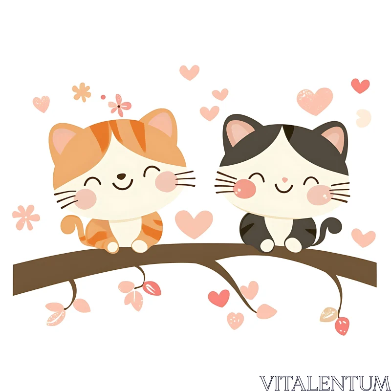 Cute Cartoon Cats with Heart Flowers AI Image