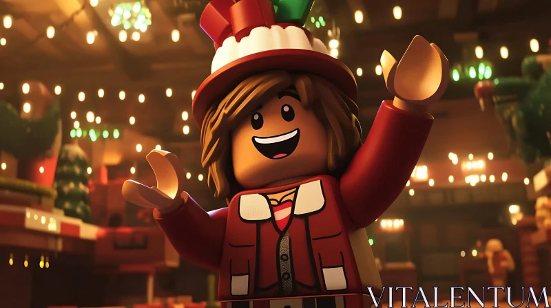 Cheerful Lego Figure amid Holiday Decorations AI Image