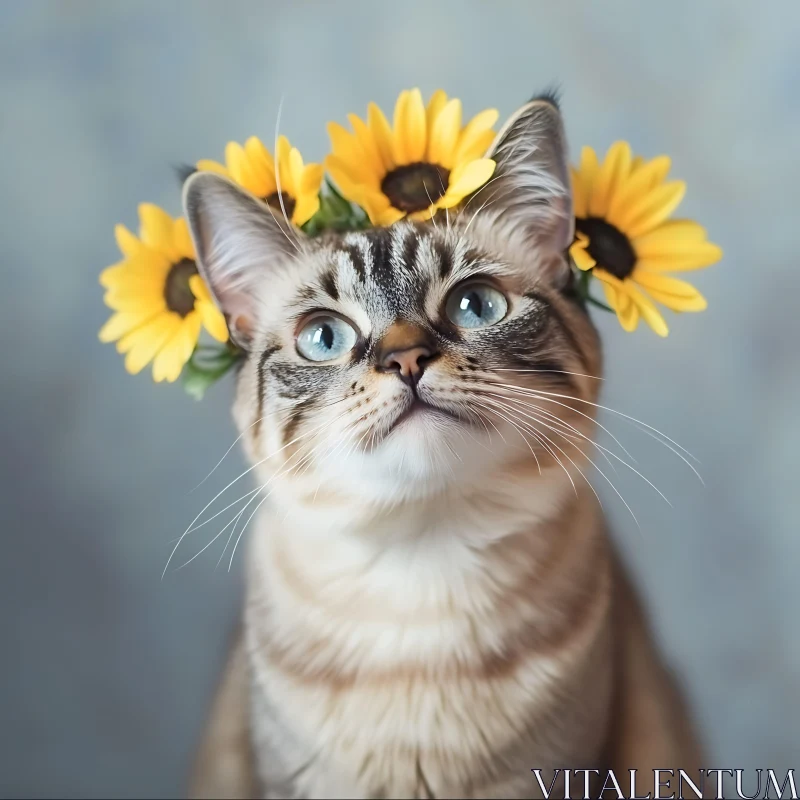 Charming Feline Wearing Sunflowers AI Image