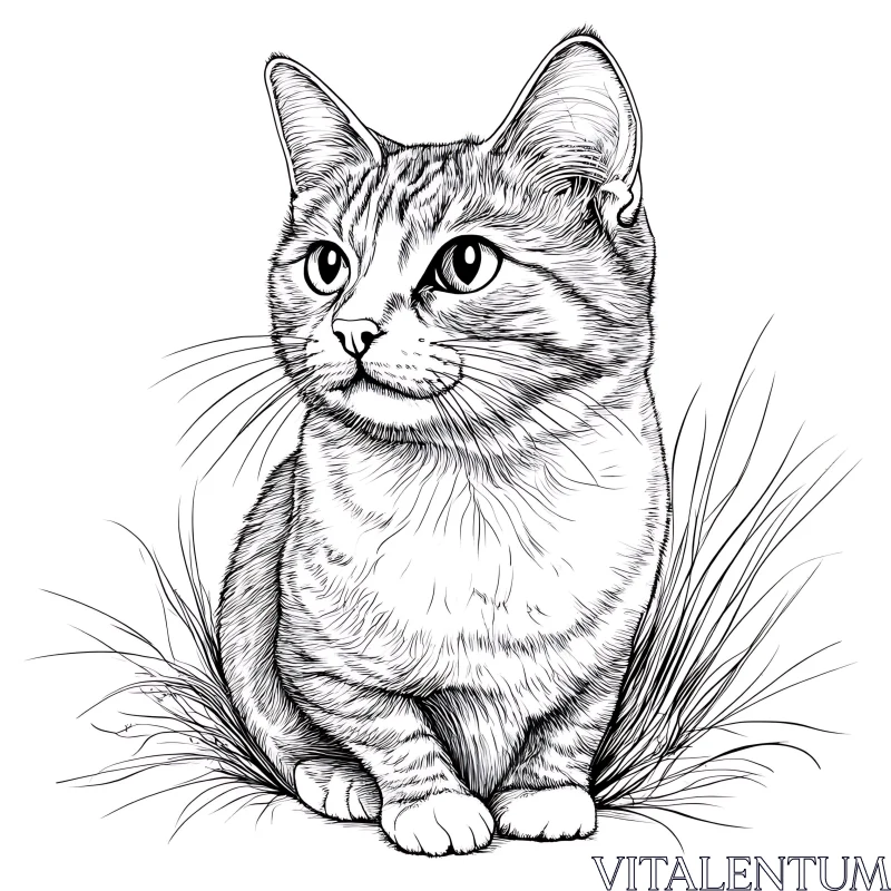 AI ART Intricate Line Drawing of a Cat in Grass