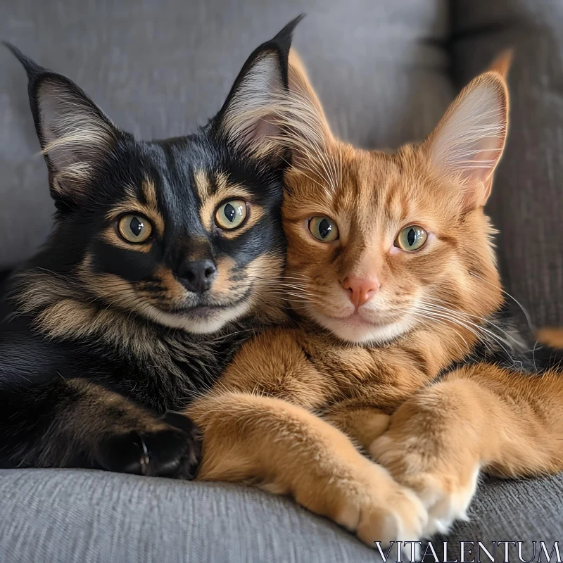 Feline Friendship: Black and Ginger Cats Cuddling AI Image