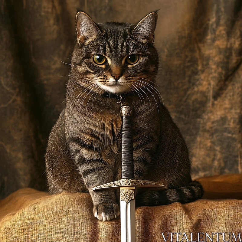 Majestic Cat Posing with Intricate Sword AI Image