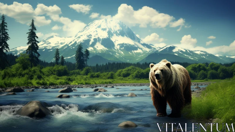 Bear Crossing River Against Mountain Backdrop AI Image