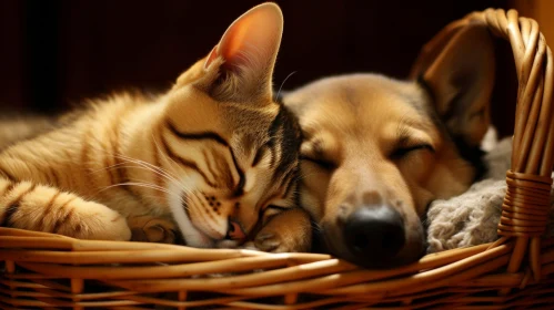 Brown Tabby Cat and Dog Sleeping Together in Wicker Basket