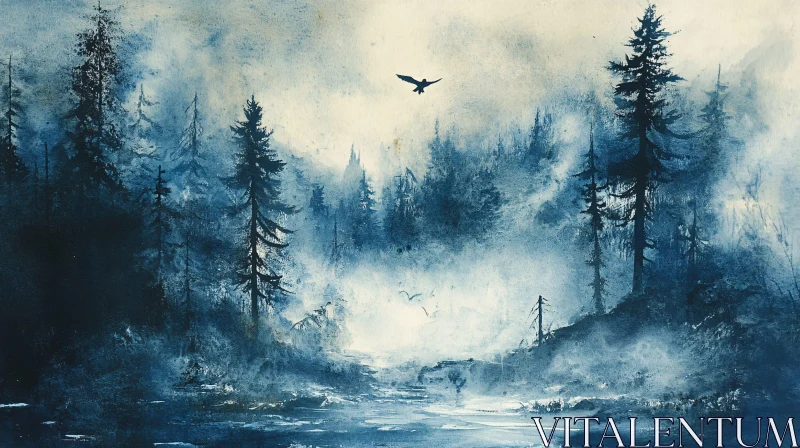 AI ART Peaceful Misty Forest with Bird in Flight