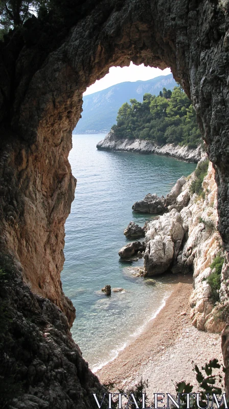 Serene Mediterranean Scene Framed by Rocky Arch AI Image