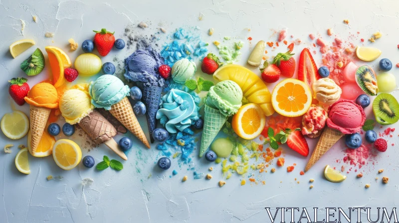 Colorful Ice Cream Cones and Fruits Arrangement AI Image