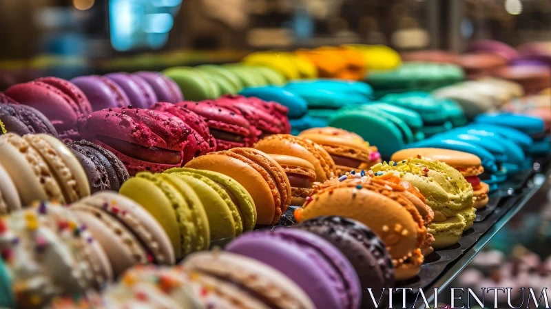 Colorful Macarons Display in a Bakery AI Image