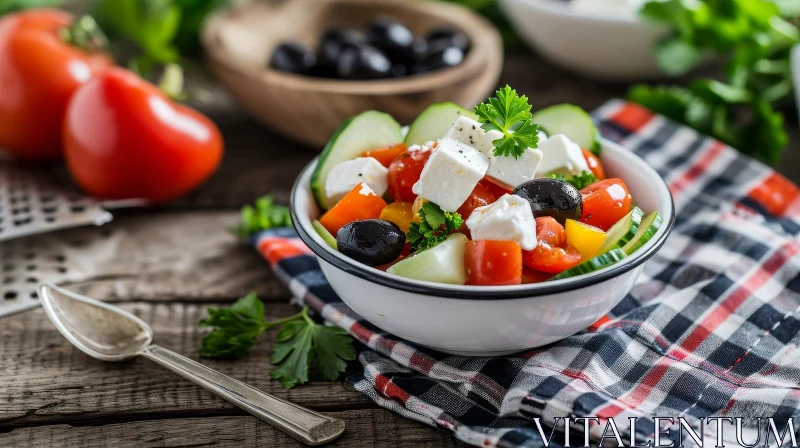 Delicious Greek Salad on Rustic Wooden Table AI Image